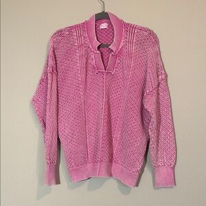 Pink Lily Women's V-Neck Cotton Knit Sweater in Washed Pink, size Large (baggy)